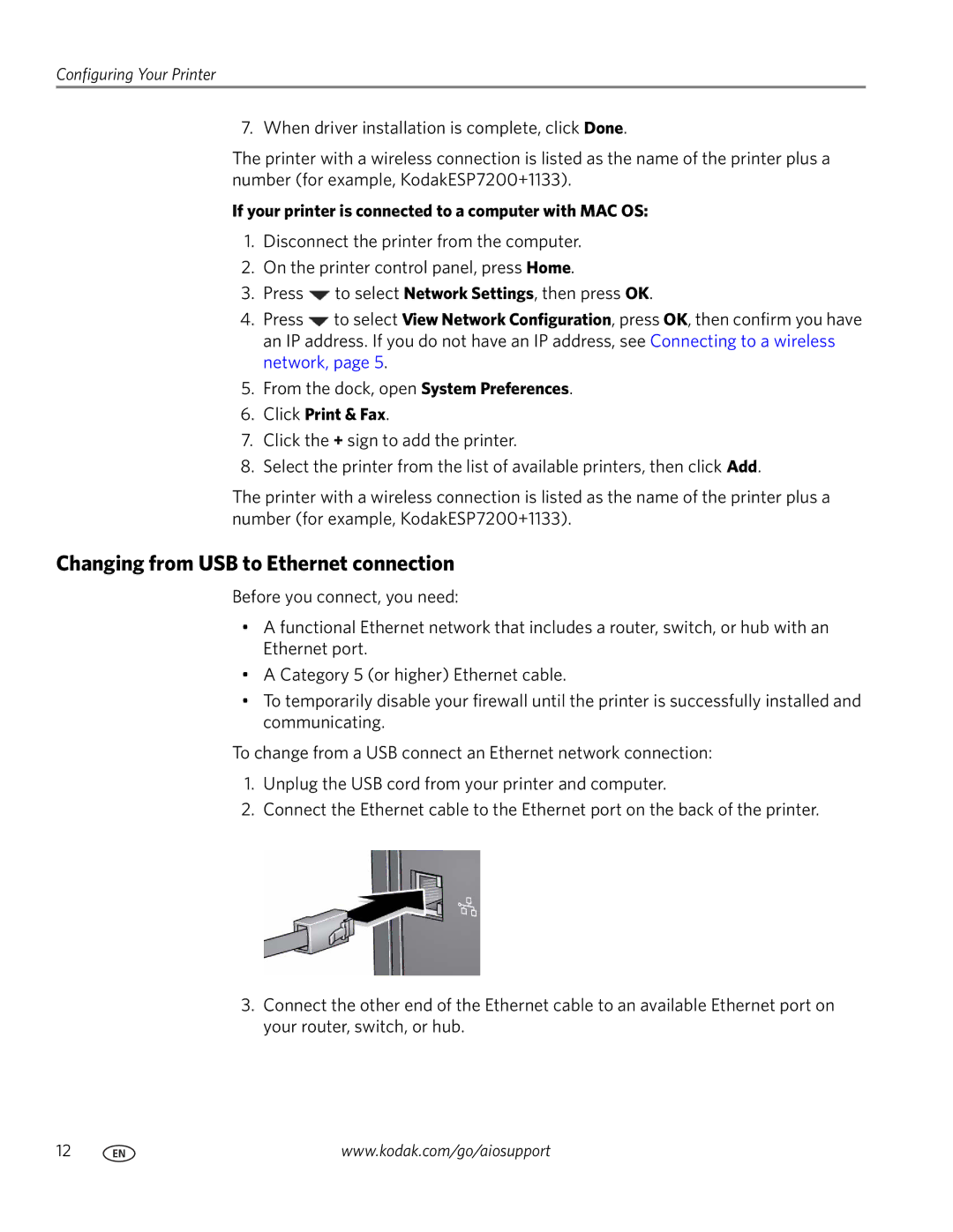 Kodak ESP 7200 Series Changing from USB to Ethernet connection, If your printer is connected to a computer with MAC OS 