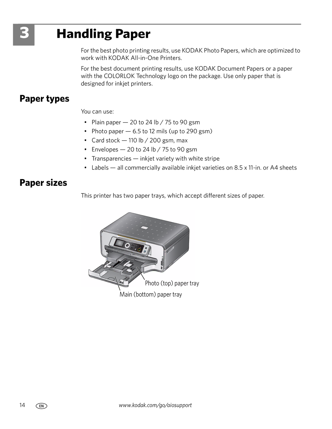 Kodak ESP 7200 Series manual Handling Paper, Paper types, Paper sizes 