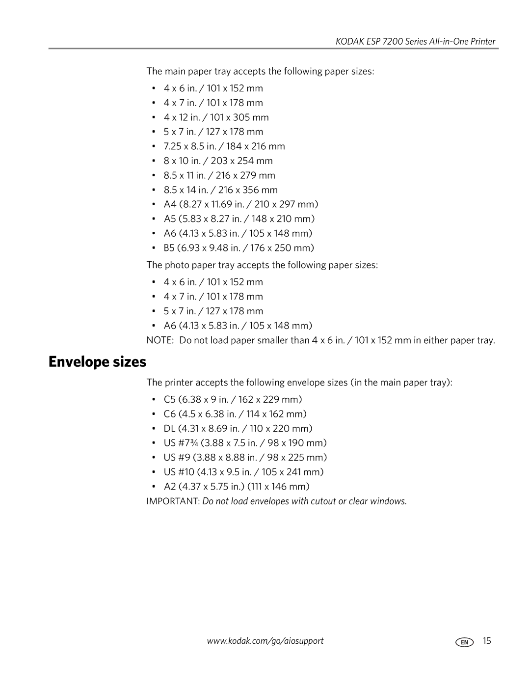 Kodak ESP 7200 Series manual Envelope sizes 