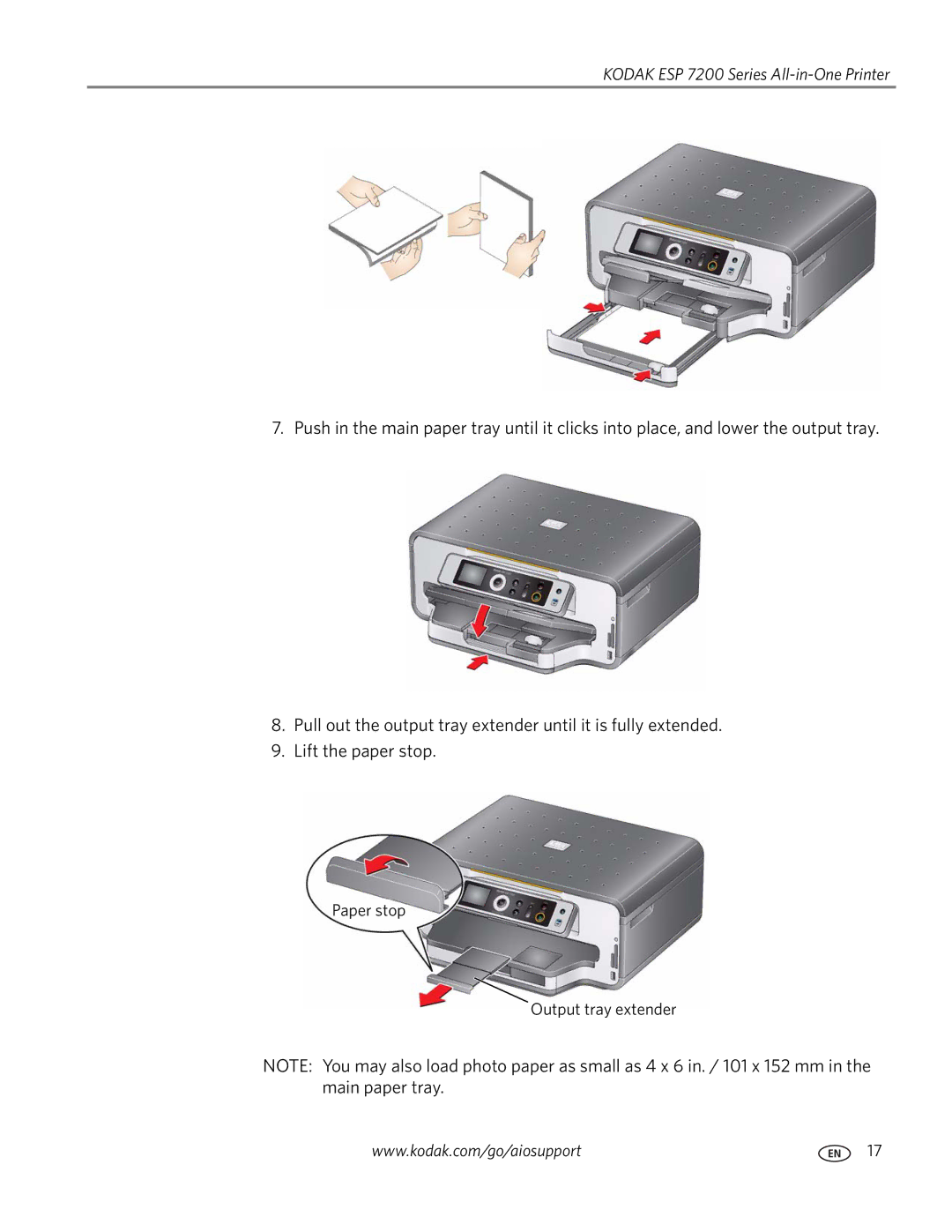 Kodak ESP 7200 Series manual Paper stop Output tray extender 