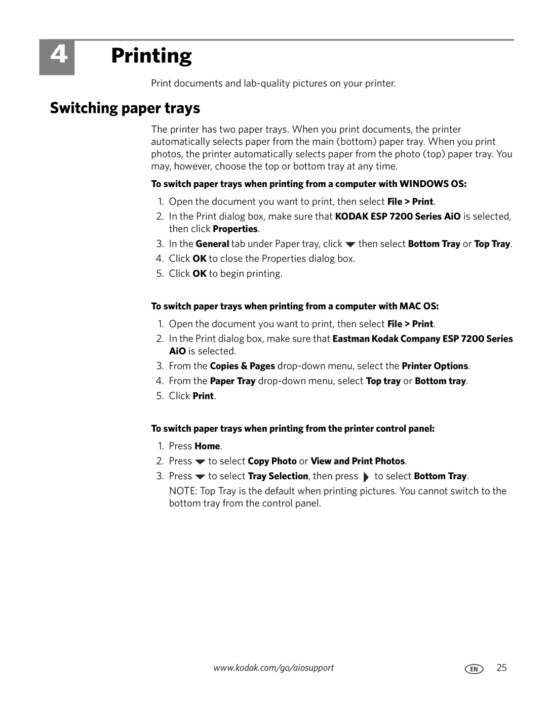 Kodak ESP 7200 Series manual Printing, Switching paper trays, Press to select Copy Photo or View and Print Photos 