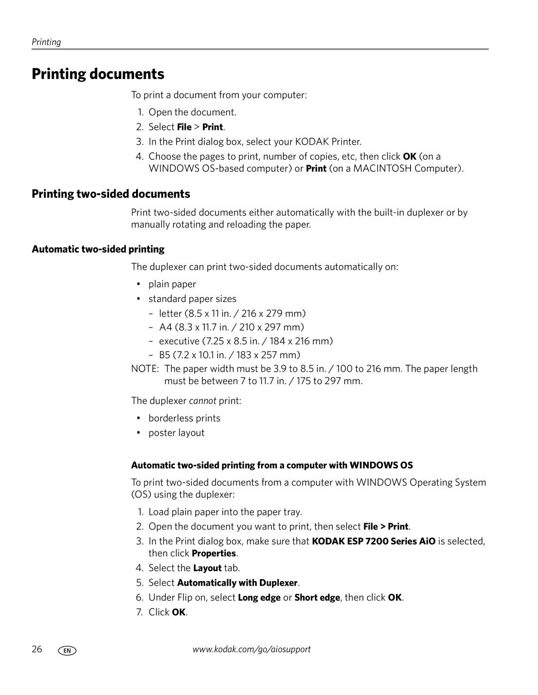 Kodak ESP 7200 Series manual Printing documents, Printing two-sided documents, Automatic two-sided printing 