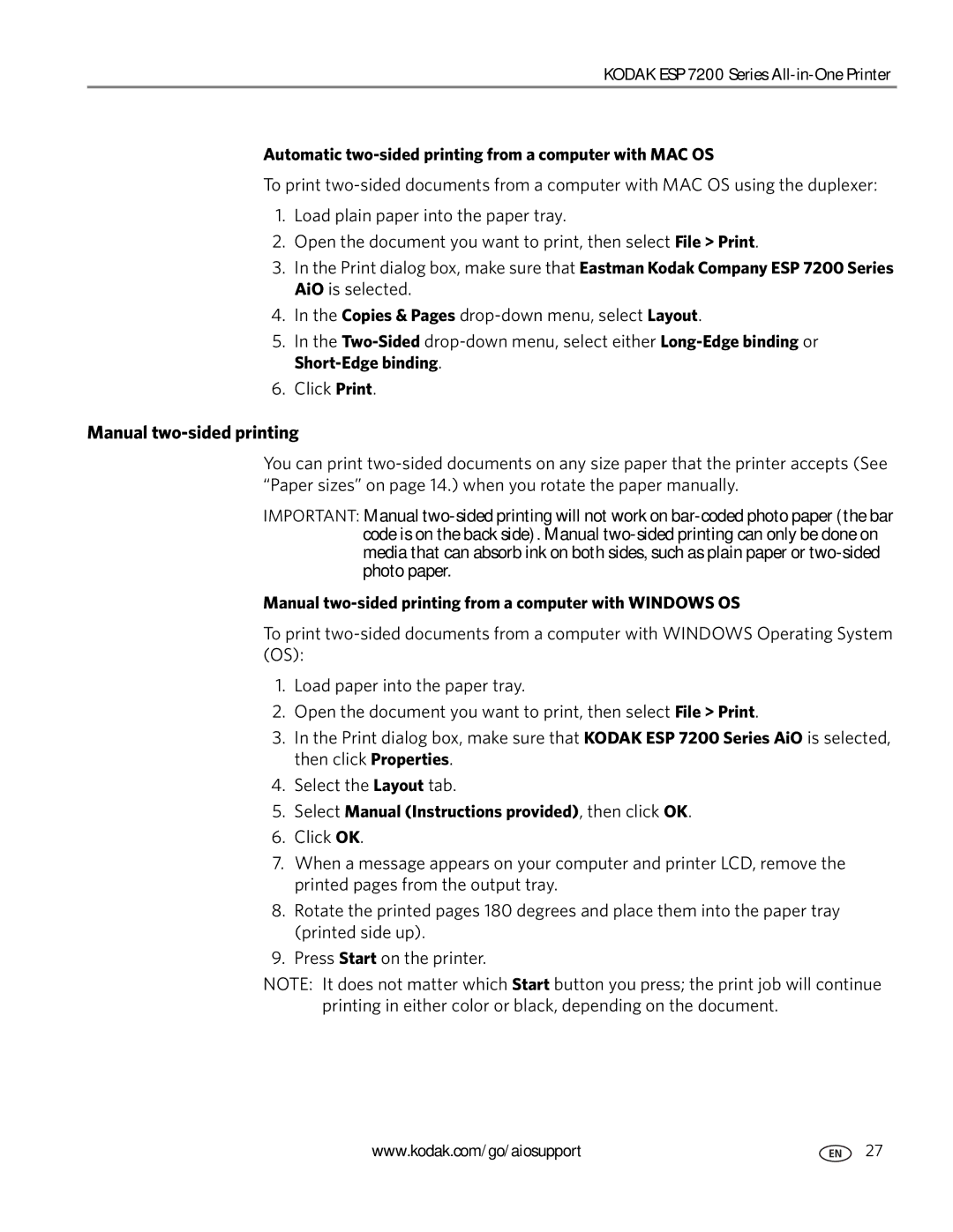 Kodak ESP 7200 Series manual Manual two-sided printing, Automatic two-sided printing from a computer with MAC OS 