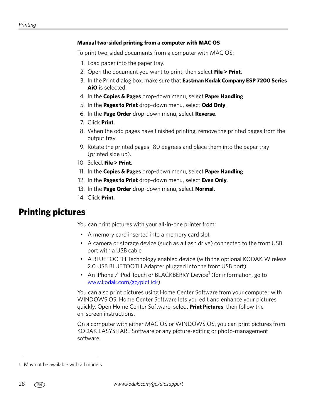 Kodak ESP 7200 Series manual Printing pictures, Manual two-sided printing from a computer with MAC OS, Select File Print 