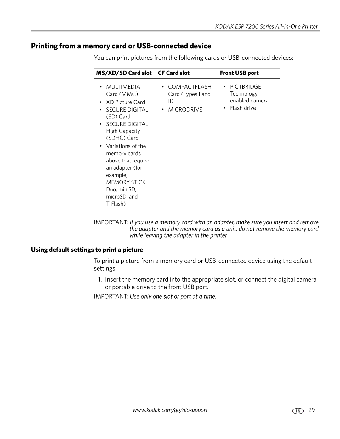 Kodak ESP 7200 Series manual Printing from a memory card or USB-connected device, Using default settings to print a picture 