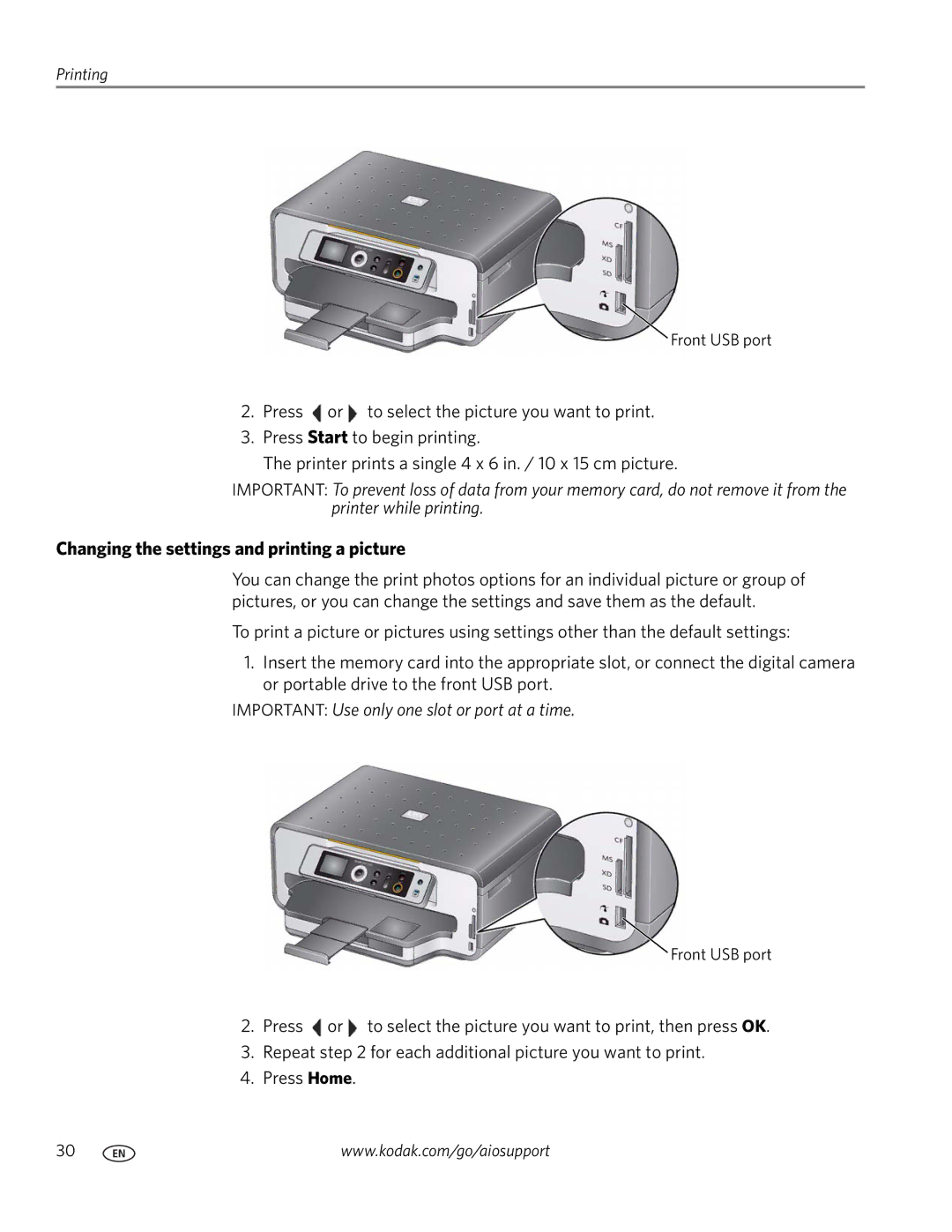 Kodak ESP 7200 Series manual Changing the settings and printing a picture 