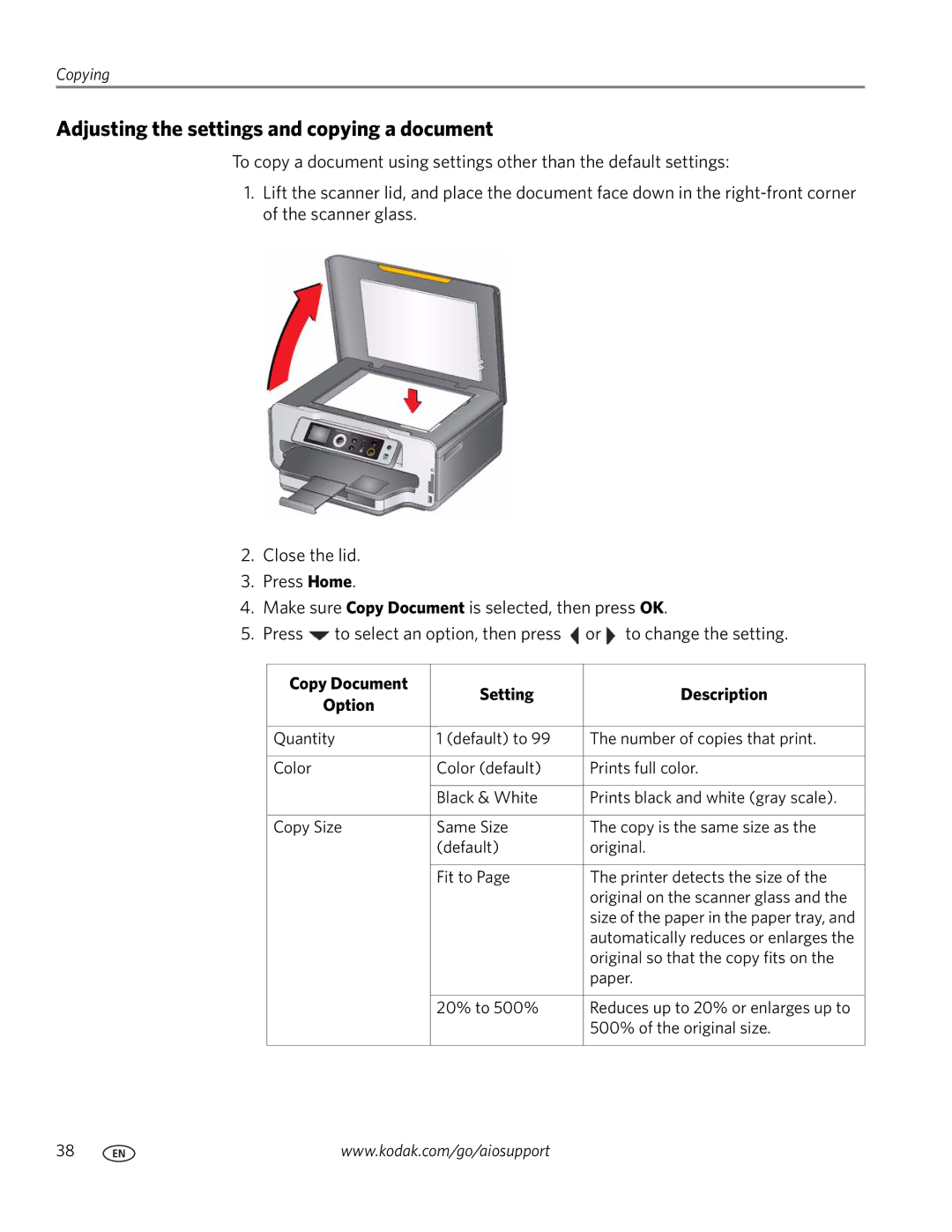 Kodak ESP 7200 Series manual Adjusting the settings and copying a document, Copy Document Setting Description 