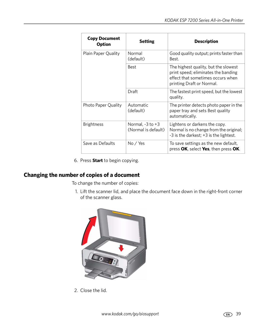 Kodak ESP 7200 Series manual Changing the number of copies of a document, Copy Document Setting Description Option 