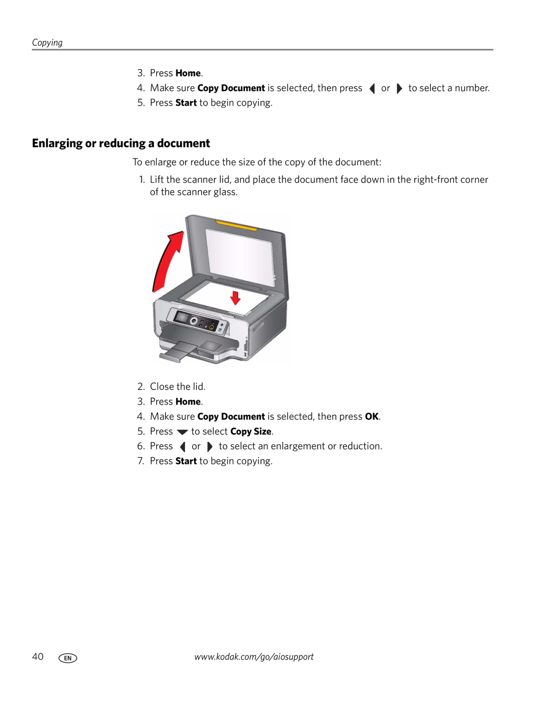 Kodak ESP 7200 Series manual Enlarging or reducing a document 