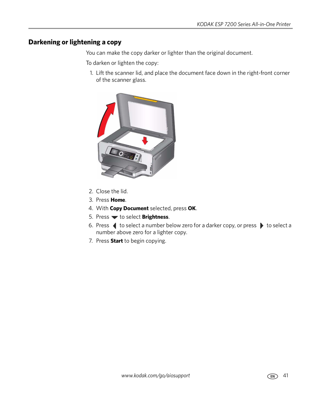 Kodak ESP 7200 Series manual Darkening or lightening a copy 