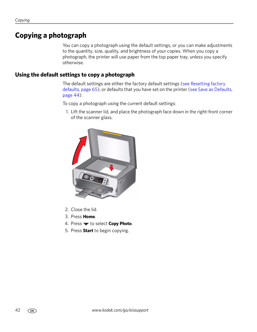 Kodak ESP 7200 Series manual Copying a photograph, Using the default settings to copy a photograph 