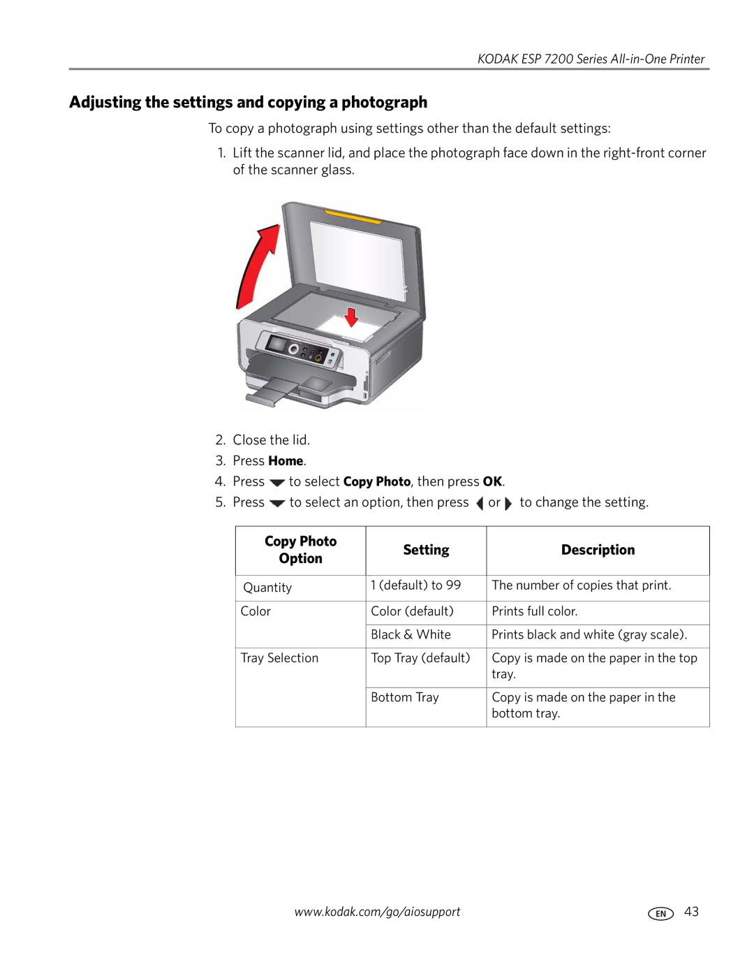 Kodak ESP 7200 Series manual Adjusting the settings and copying a photograph, Copy Photo Option Setting Description 