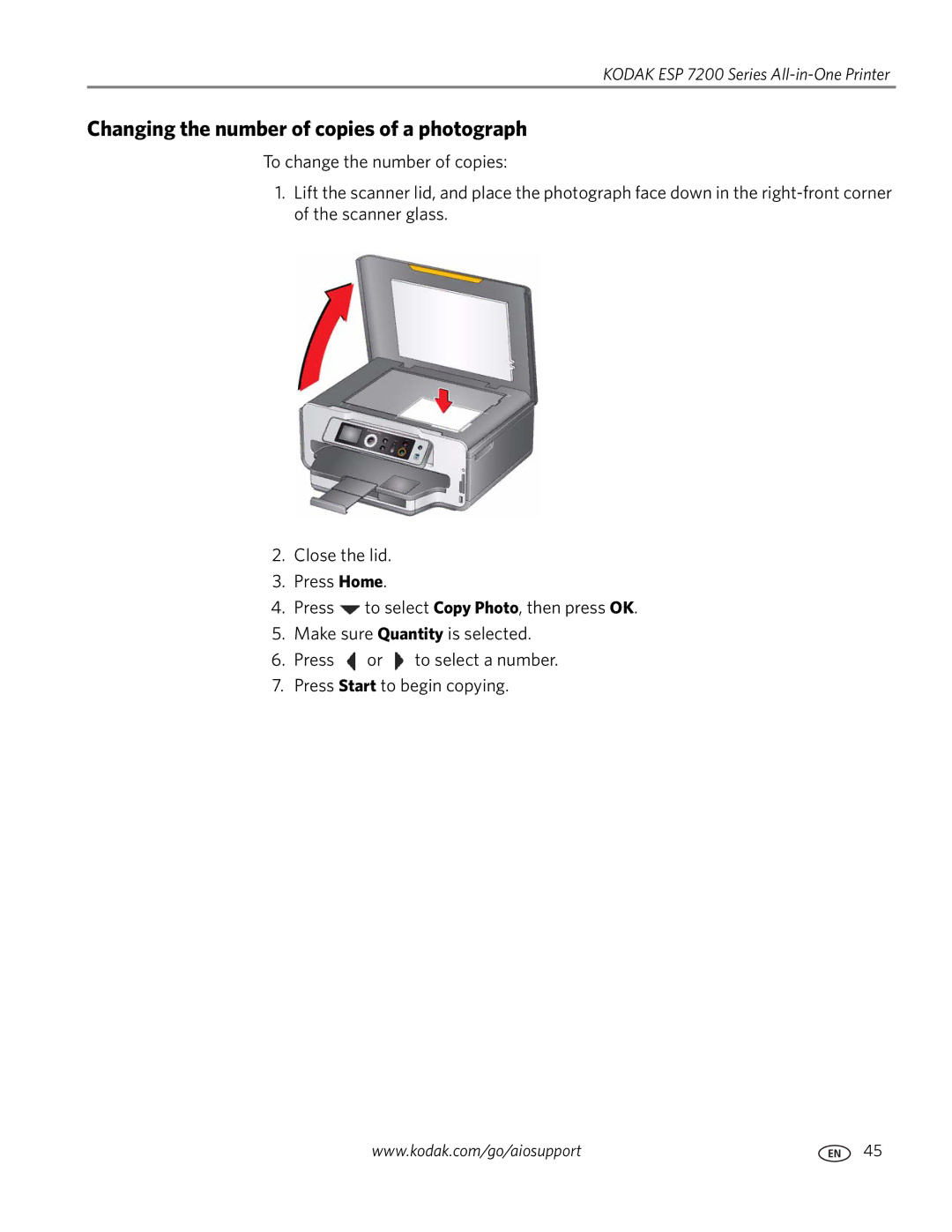 Kodak ESP 7200 Series manual Changing the number of copies of a photograph 