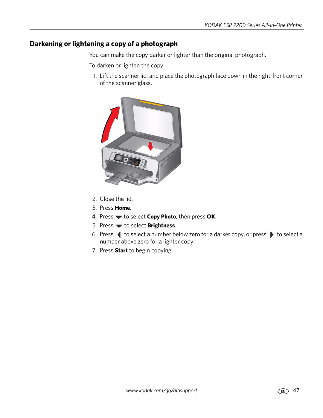 Kodak ESP 7200 Series manual Darkening or lightening a copy of a photograph 