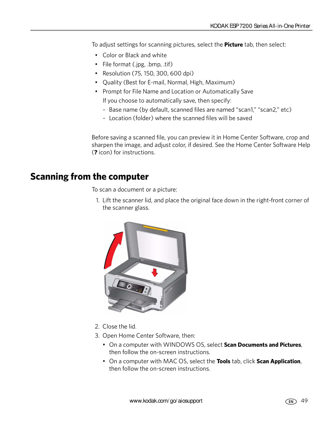 Kodak ESP 7200 Series manual Scanning from the computer 