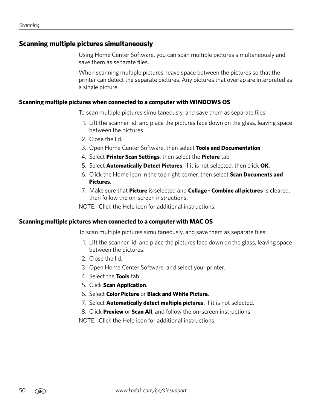 Kodak ESP 7200 Series manual Scanning multiple pictures simultaneously 