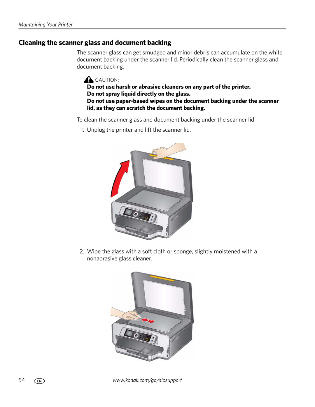 Kodak ESP 7200 Series manual Cleaning the scanner glass and document backing 