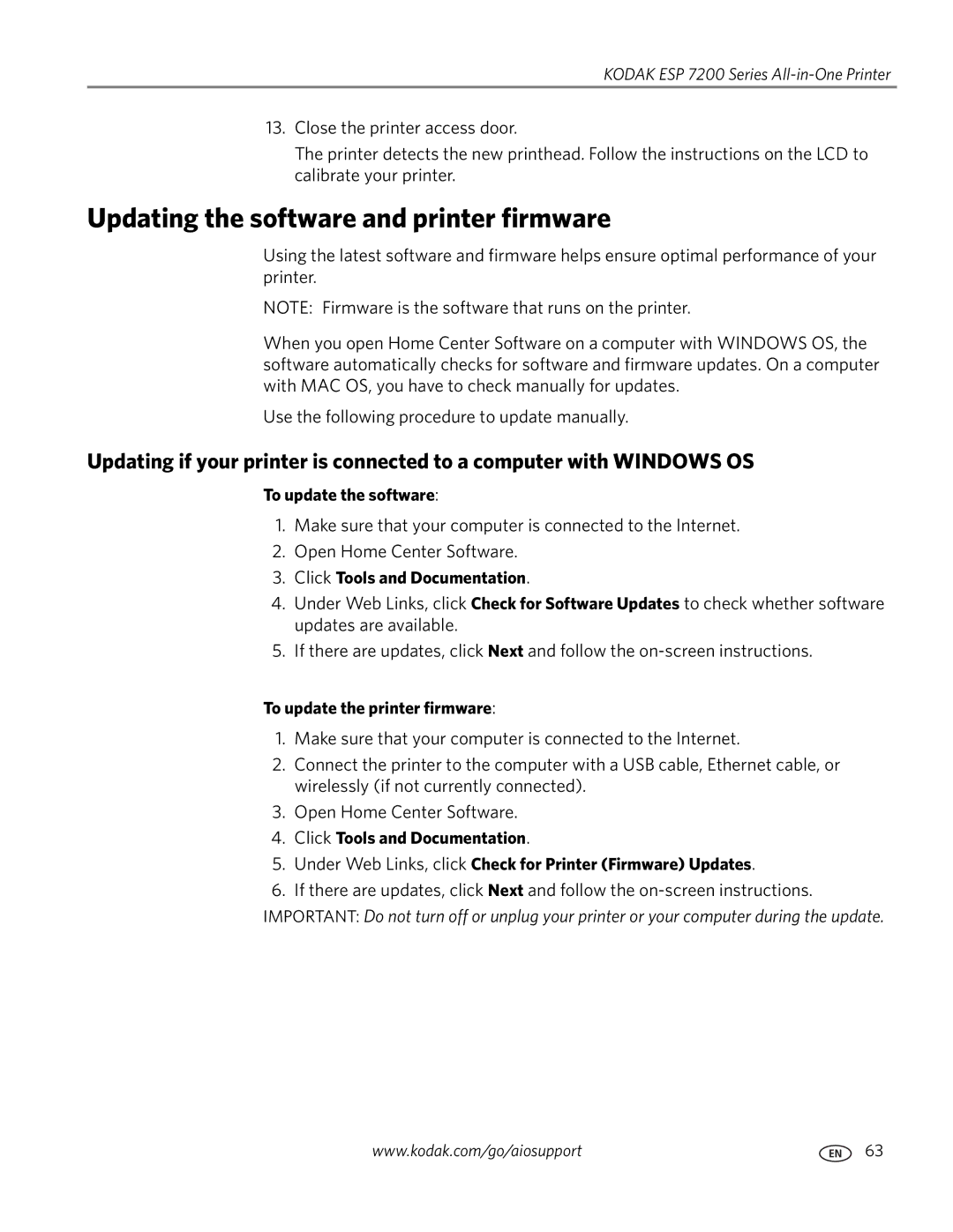 Kodak ESP 7200 Series Updating the software and printer firmware, To update the software, Click Tools and Documentation 