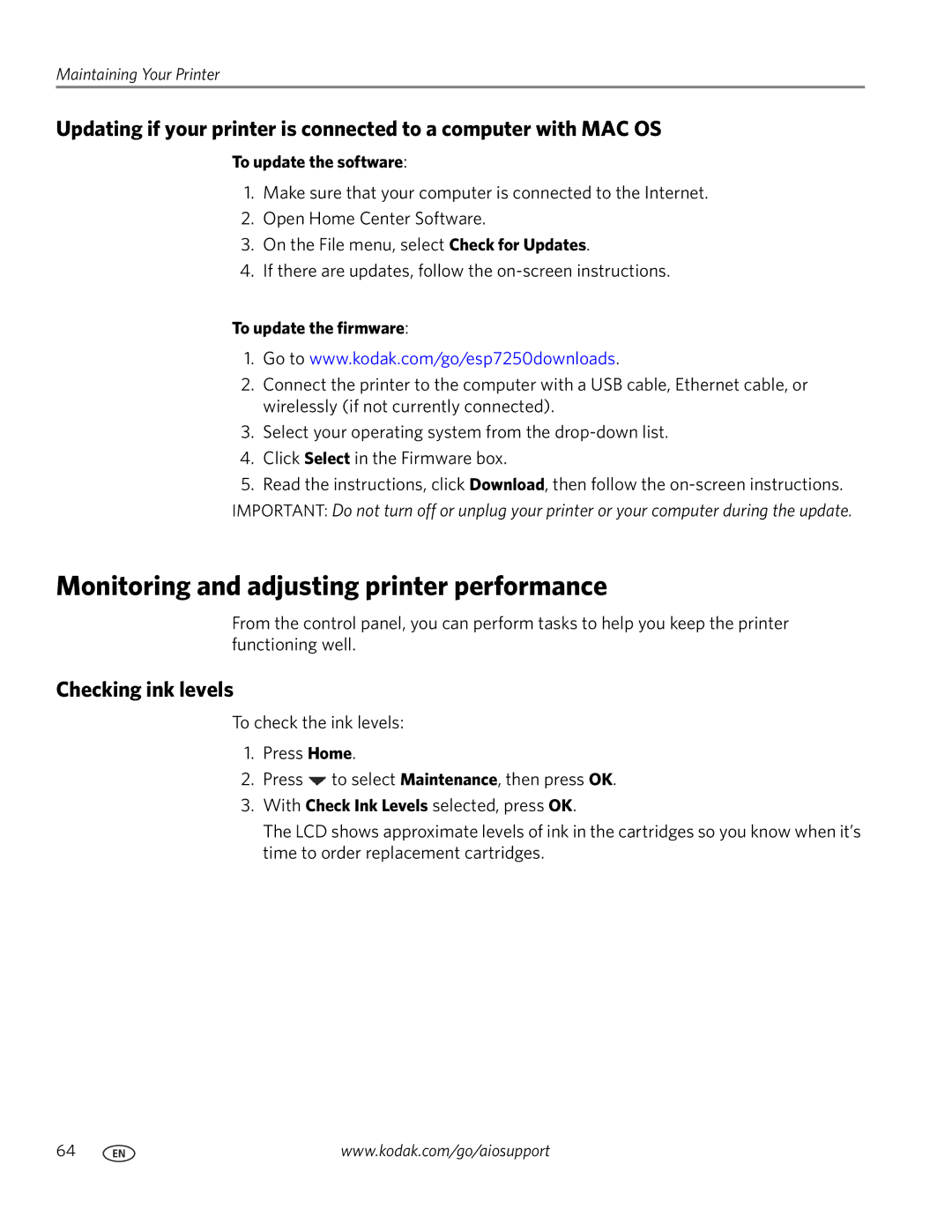 Kodak ESP 7200 Series manual Monitoring and adjusting printer performance, Checking ink levels, To update the firmware 