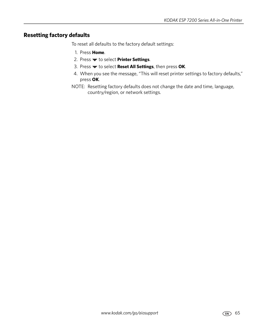 Kodak ESP 7200 Series manual Resetting factory defaults 