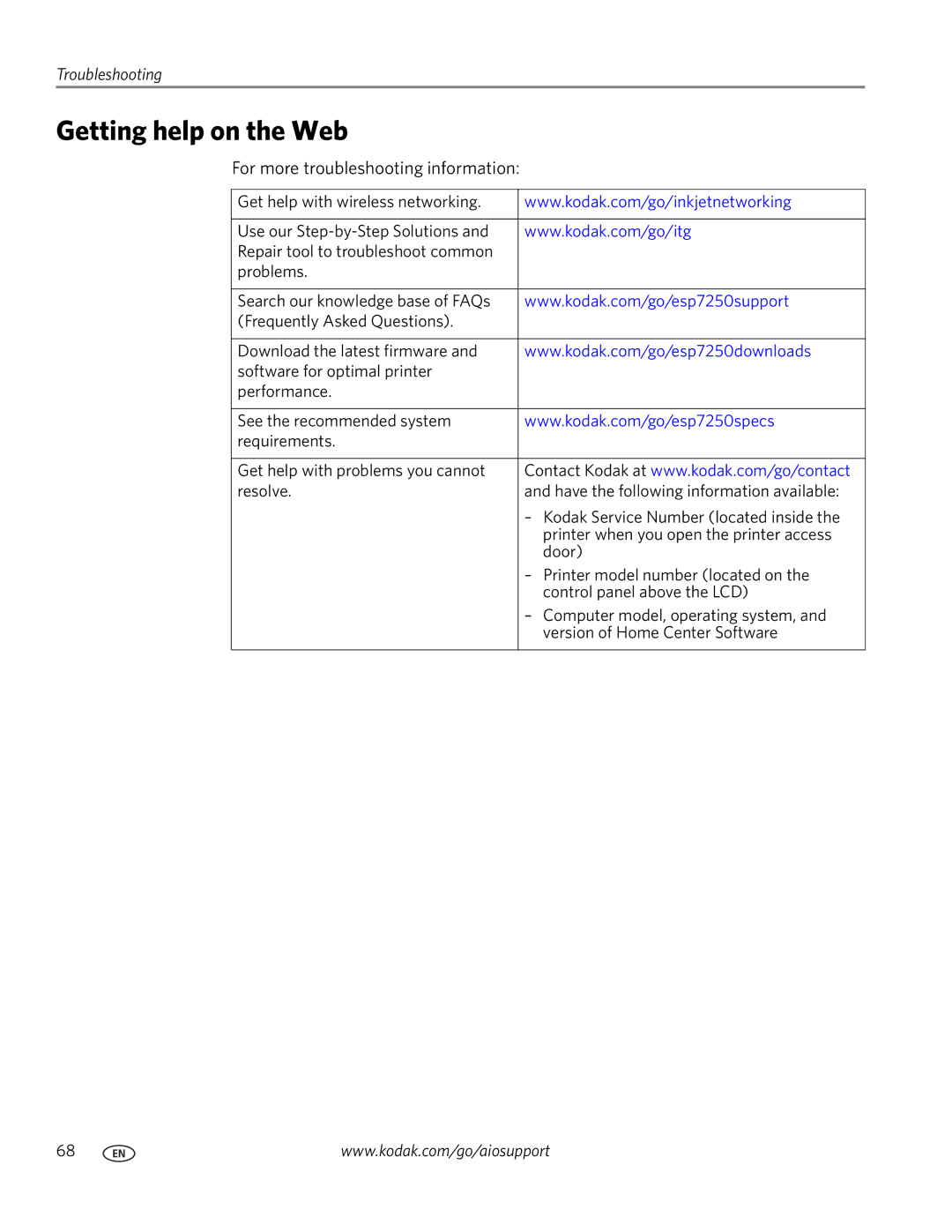 Kodak ESP 7200 Series manual Getting help on the Web, For more troubleshooting information 