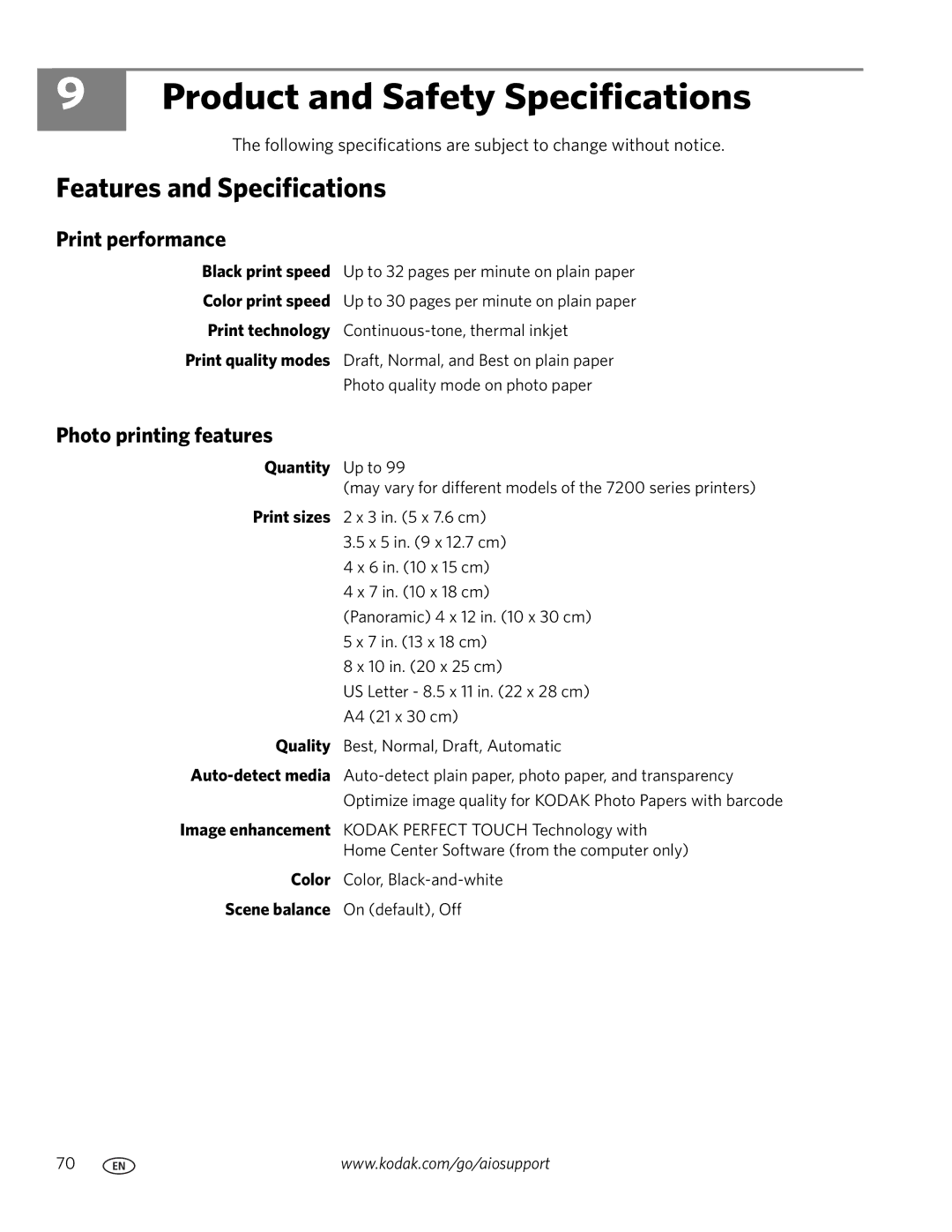 Kodak ESP 7200 Series Product and Safety Specifications, Features and Specifications, Print performance, Quantity Up to 