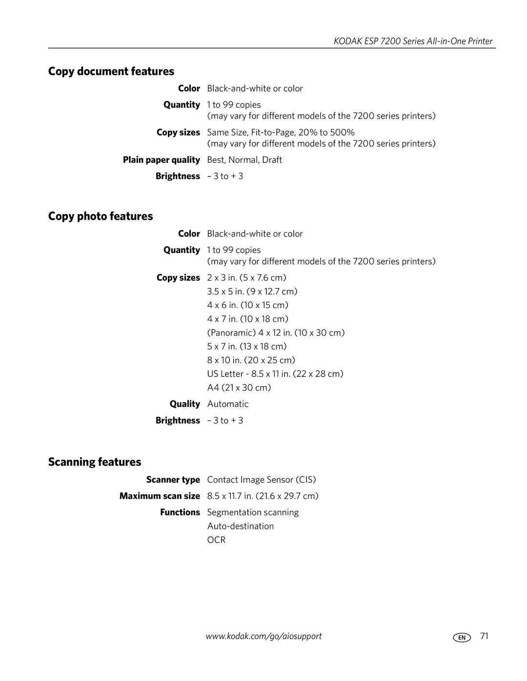 Kodak ESP 7200 Series manual Copy document features, Copy photo features, Scanning features 