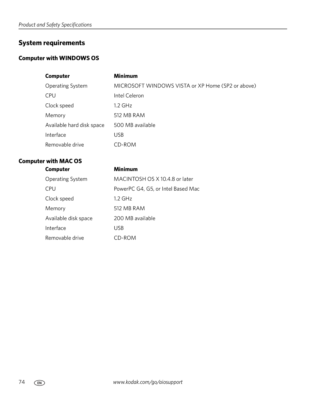 Kodak ESP 7200 Series manual System requirements, Computer with Windows OS, Computer with MAC OS, Computer Minimum 