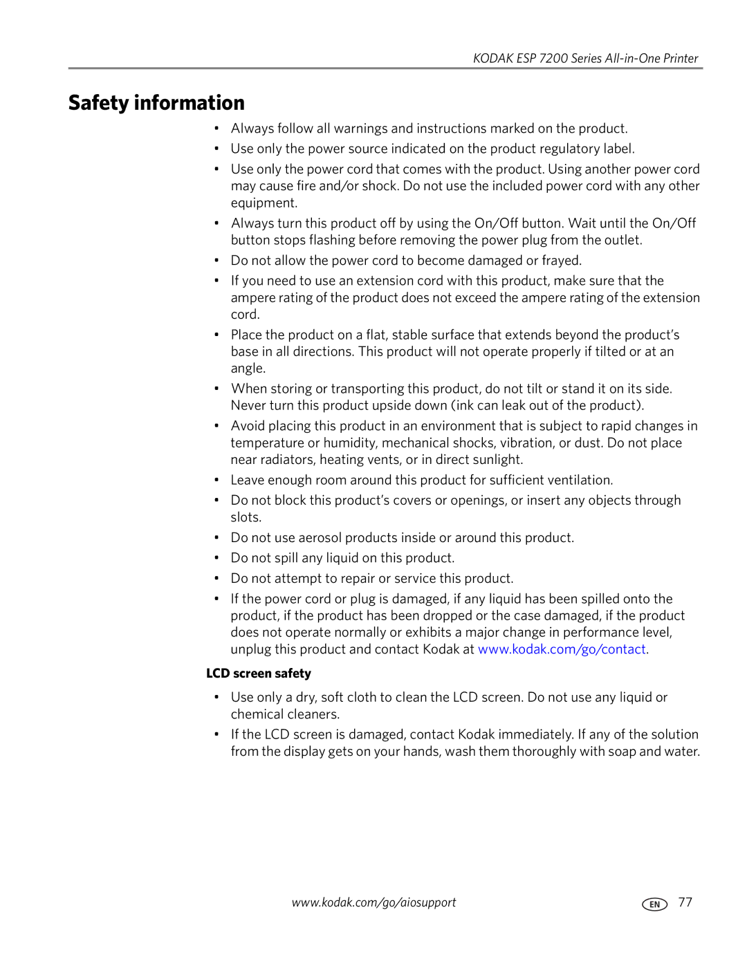 Kodak ESP 7200 Series manual Safety information, LCD screen safety 