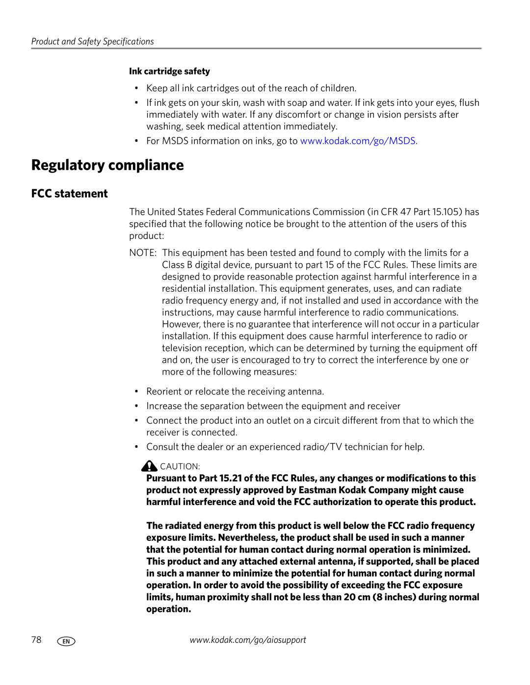 Kodak ESP 7200 Series manual Regulatory compliance, FCC statement, Ink cartridge safety 