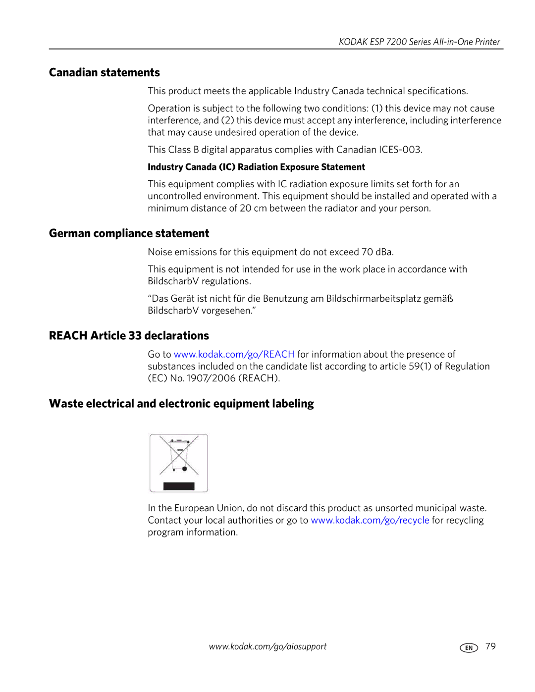 Kodak ESP 7200 Series Canadian statements, German compliance statement, Industry Canada IC Radiation Exposure Statement 