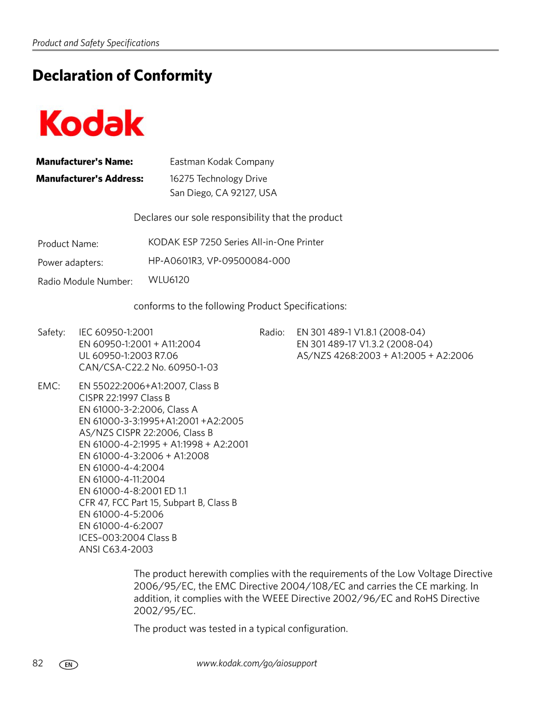 Kodak ESP 7200 Series manual Declaration of Conformity, Manufacturers Name 