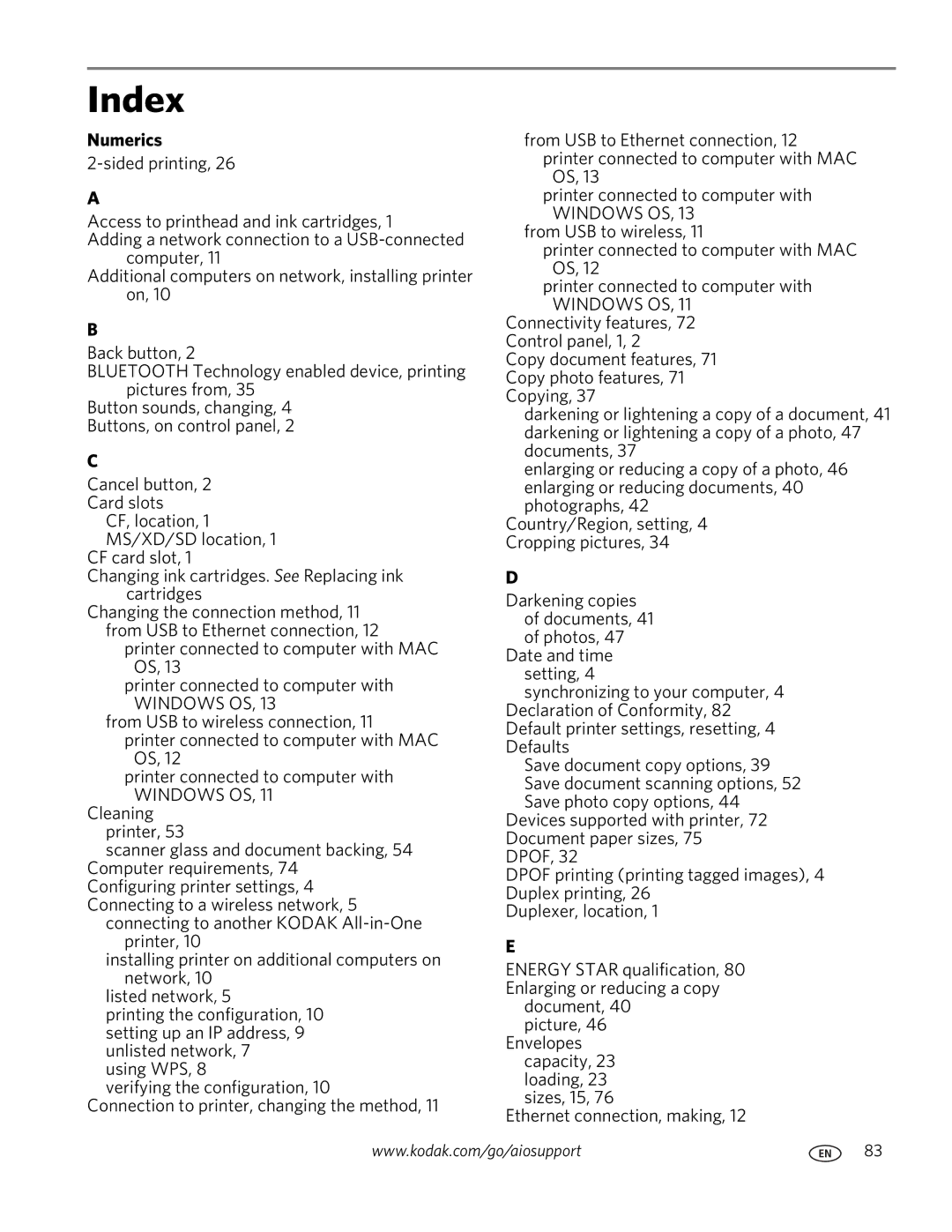 Kodak ESP 7200 Series manual Index, Numerics 