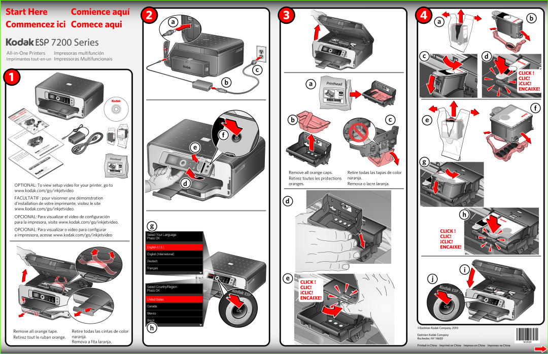 Kodak ESP 7200 setup guide Series, Start Here Comience aquí Commencez ici Comece aqui, Click, C Lic, ¡Cl Ic, ¡Clic 