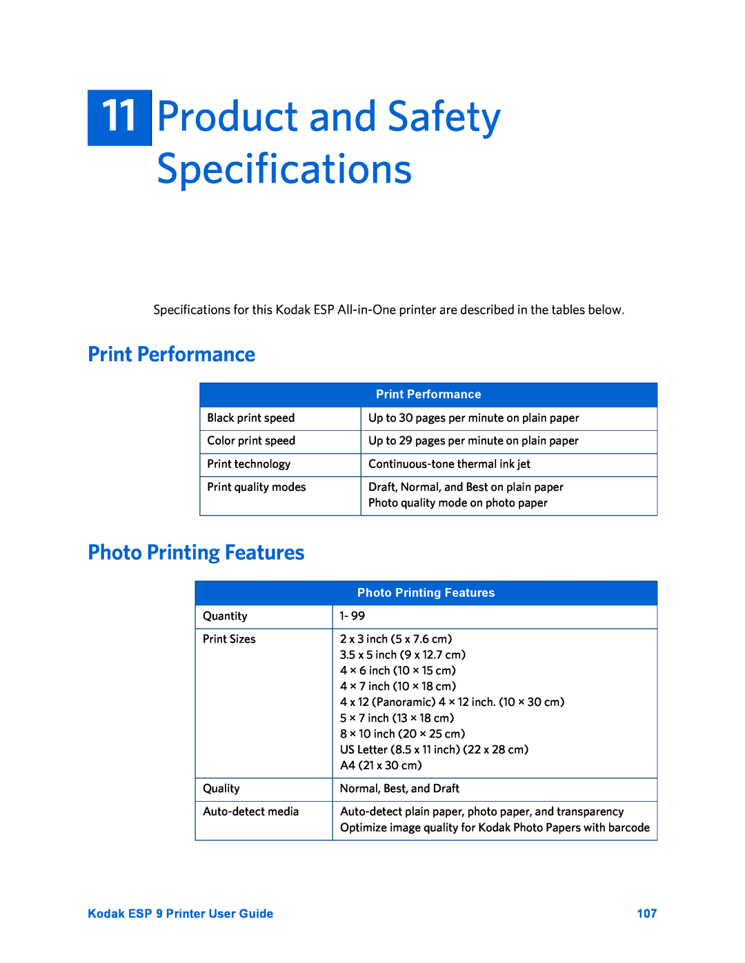 Kodak Product and Safety Specifications, Print Performance, Photo Printing Features, Kodak ESP 9 Printer User Guide 