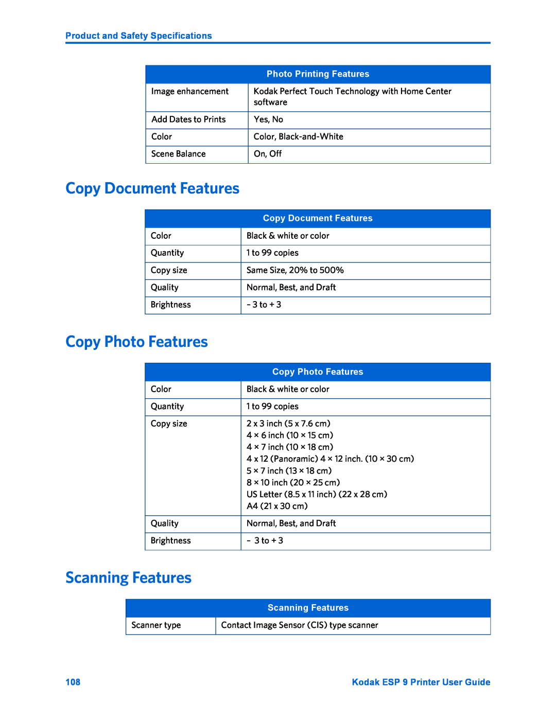 Kodak ESP 9 manual Copy Document Features, Copy Photo Features, Scanning Features, Product and Safety Specifications 