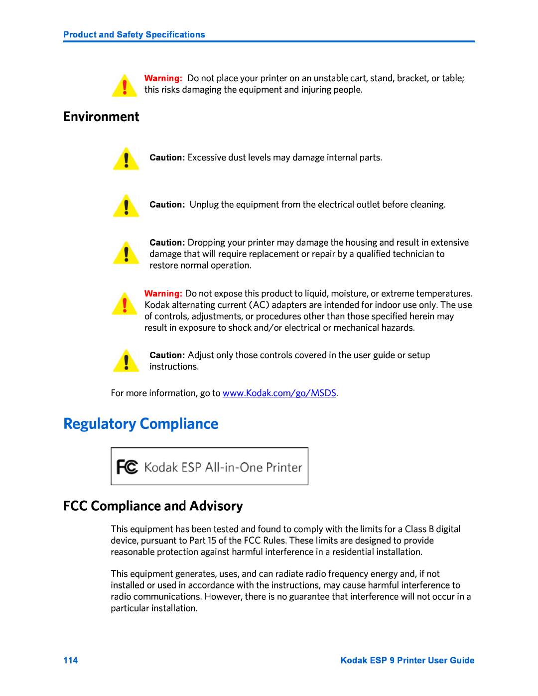 Kodak ESP 9 manual Regulatory Compliance, Environment, FCC Compliance and Advisory 