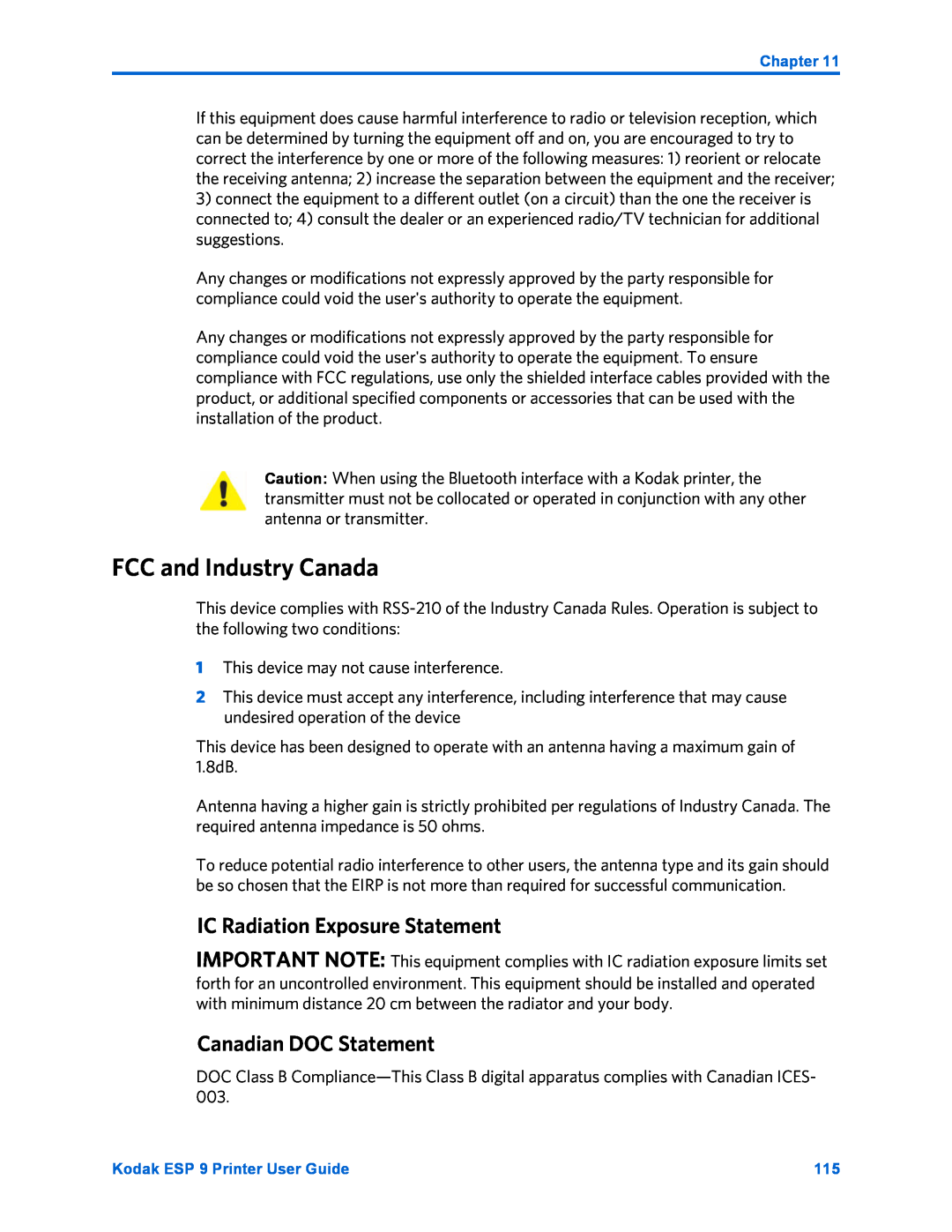 Kodak ESP 9 manual FCC and Industry Canada, IC Radiation Exposure Statement, Canadian DOC Statement 