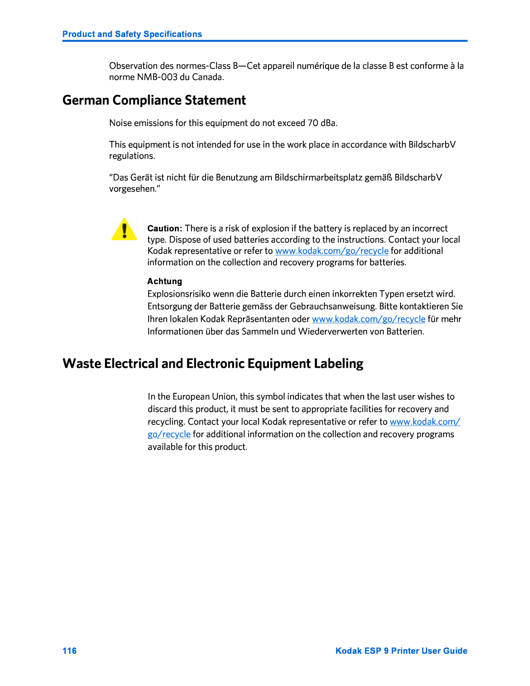 Kodak ESP 9 manual German Compliance Statement, Waste Electrical and Electronic Equipment Labeling 