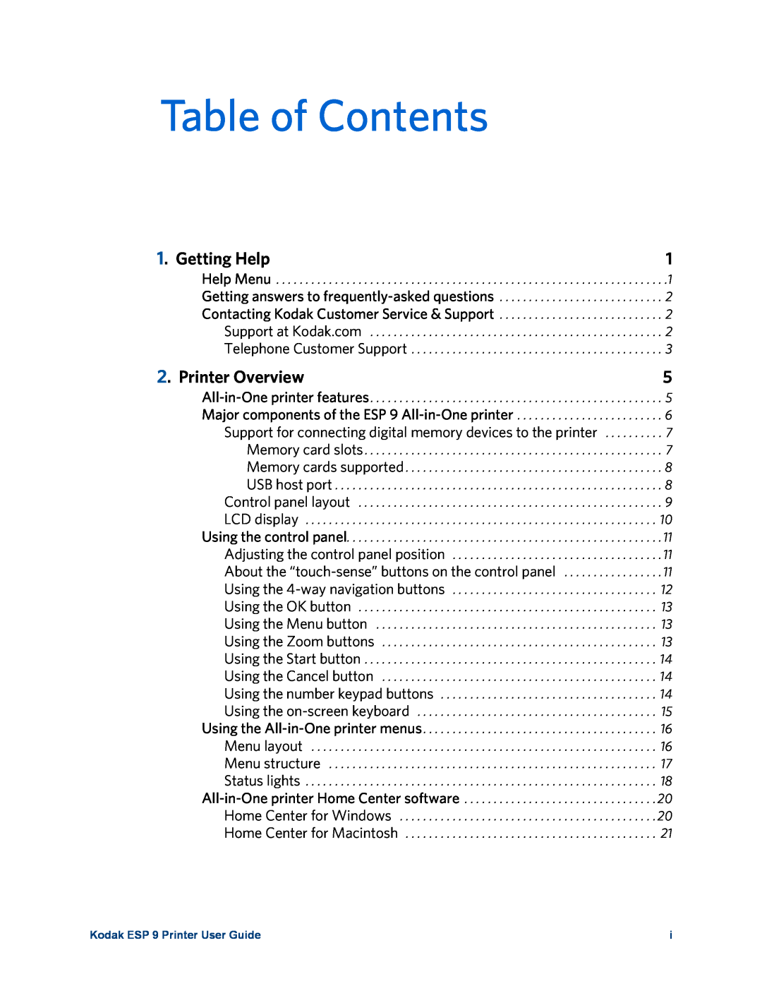 Kodak manual Table of Contents, Getting Help, Printer Overview, Kodak ESP 9 Printer User Guide 