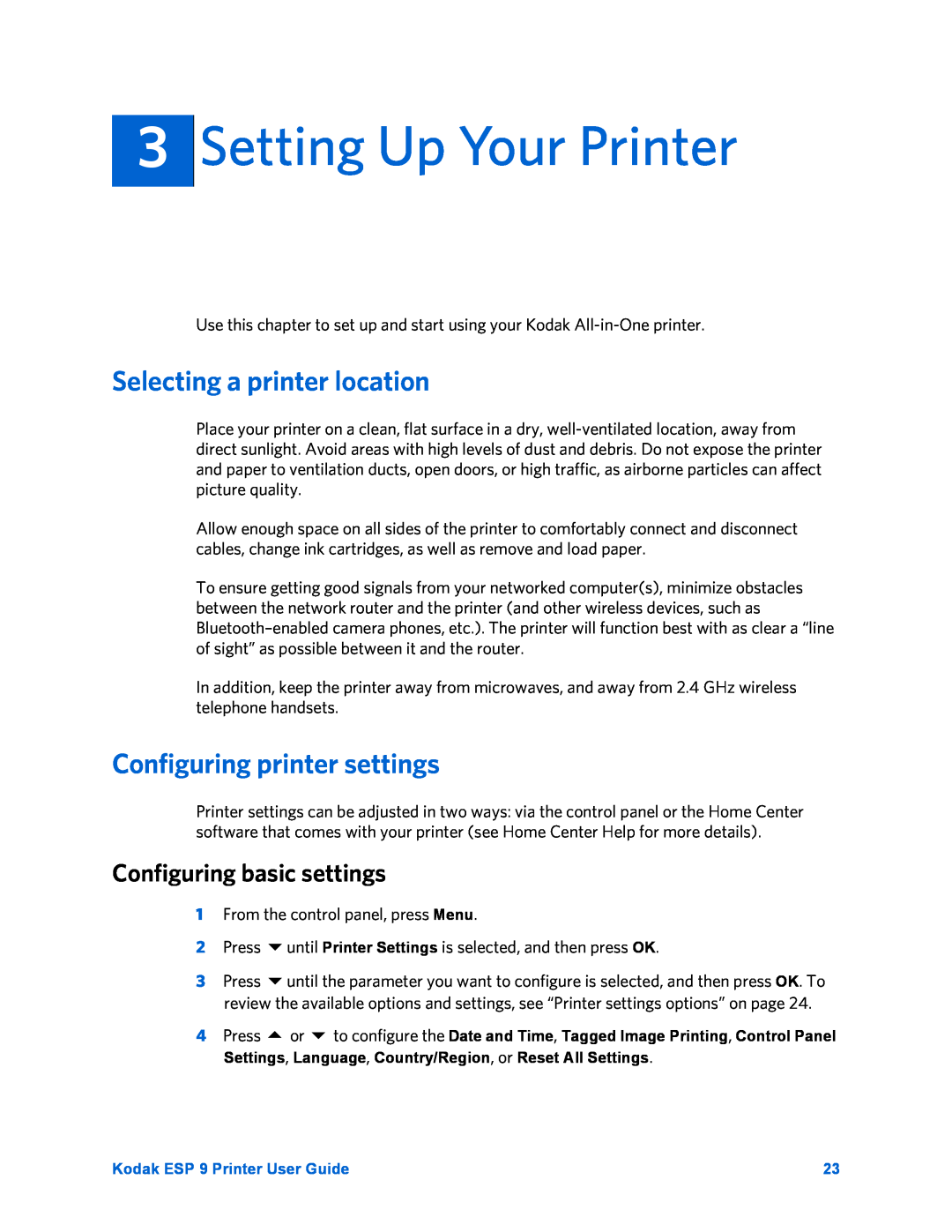 Kodak ESP 9 manual Setting Up Your Printer, Selecting a printer location, Configuring printer settings 
