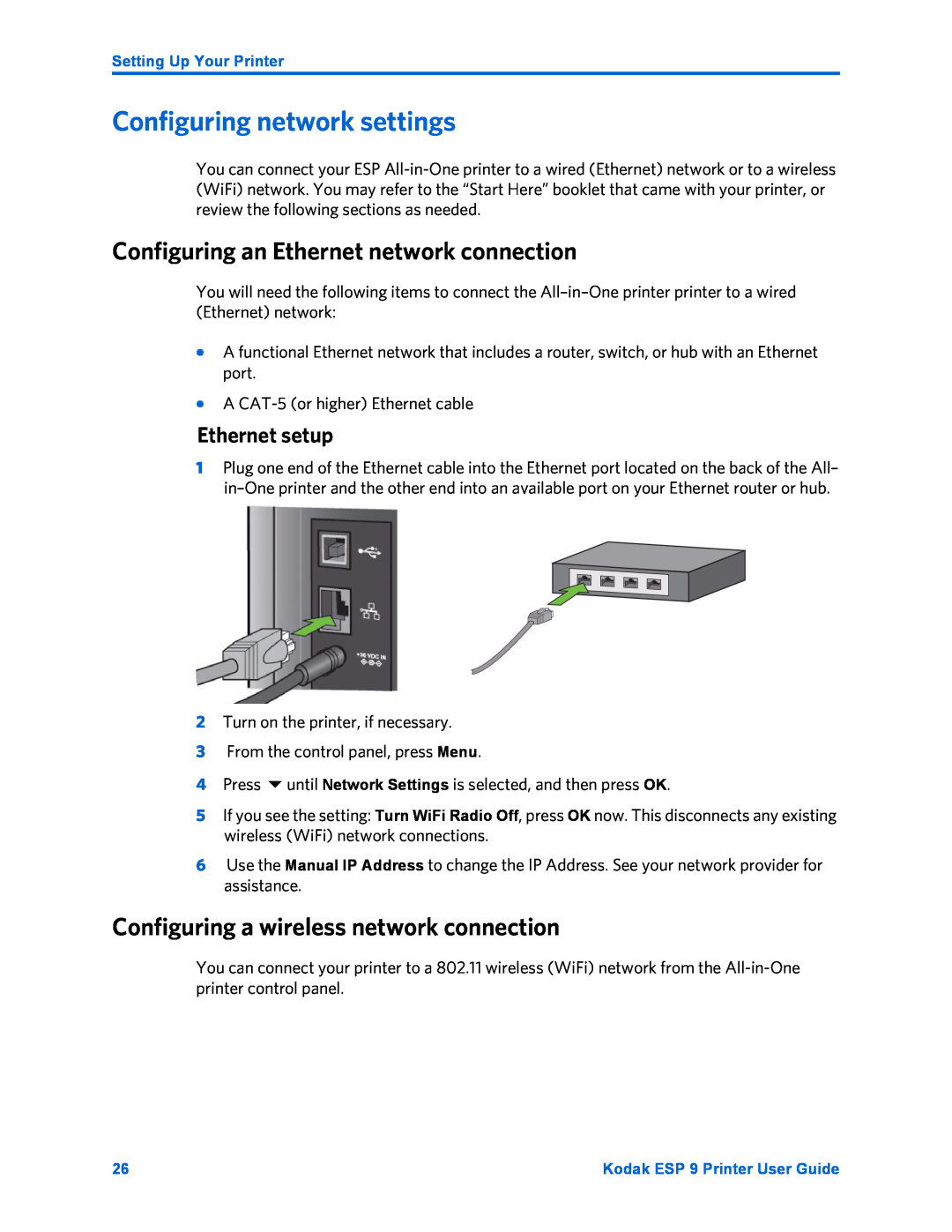 Kodak ESP 9 manual Configuring network settings, Configuring an Ethernet network connection, Ethernet setup 