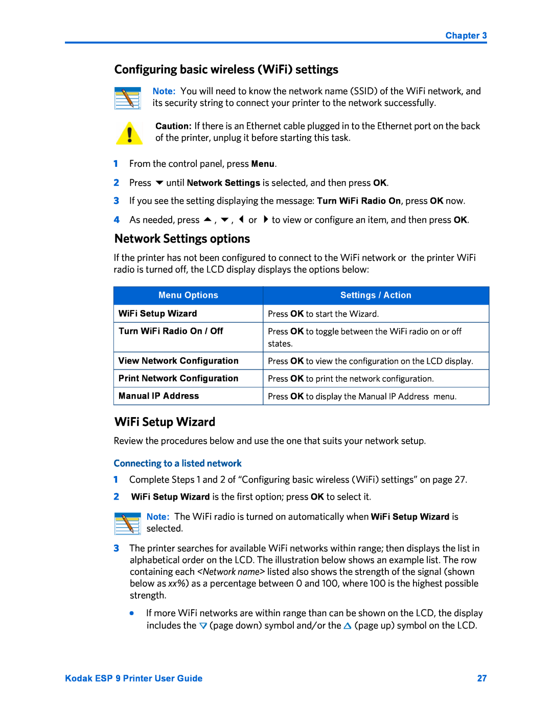 Kodak ESP 9 manual Configuring basic wireless WiFi settings, Network Settings options, WiFi Setup Wizard 