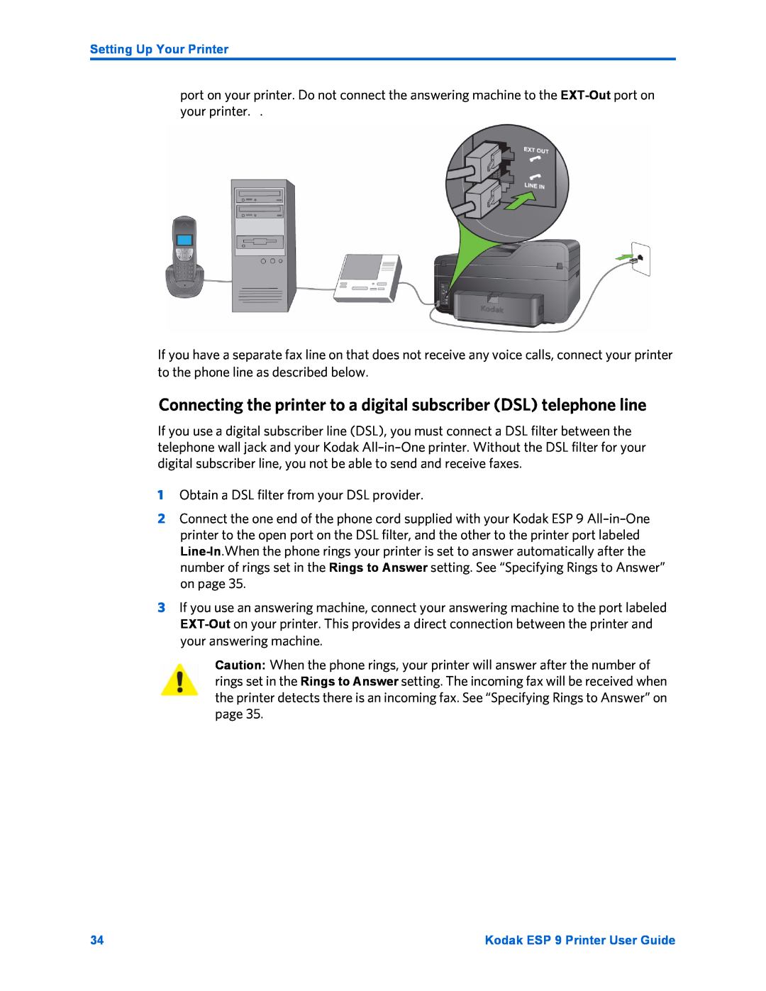 Kodak ESP 9 manual Connecting the printer to a digital subscriber DSL telephone line 