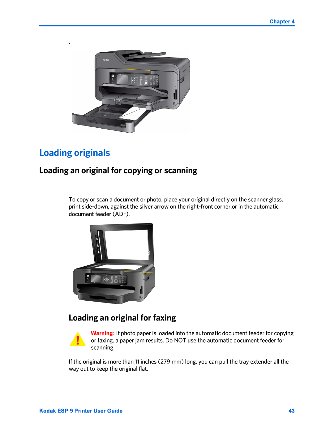 Kodak ESP 9 manual Loading originals, Loading an original for copying or scanning, Loading an original for faxing 