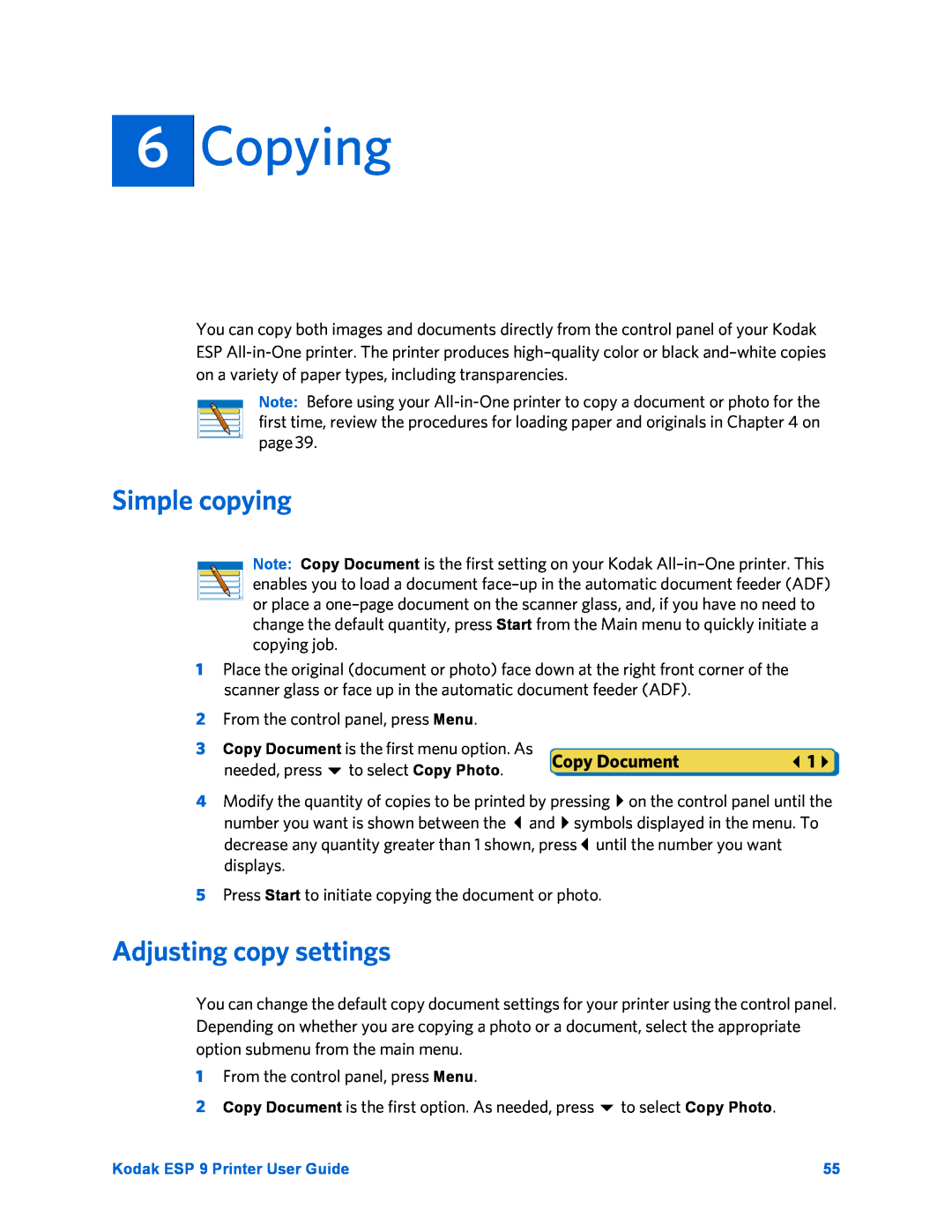 Kodak ESP 9 manual Copying, Simple copying, Adjusting copy settings, Copy Document 