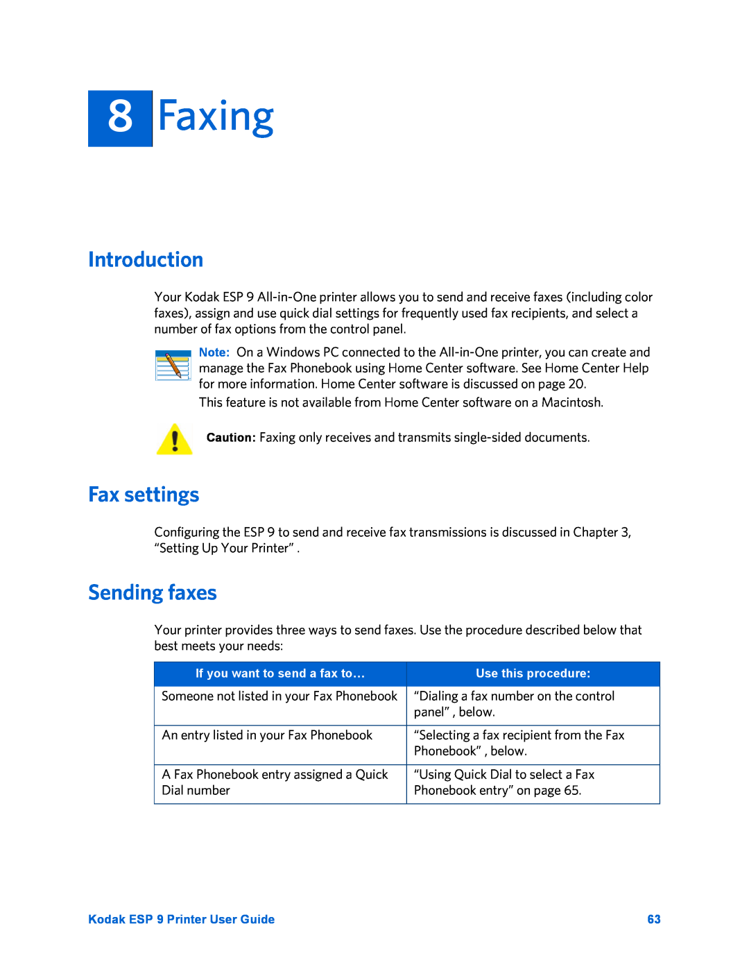 Kodak ESP 9 manual Faxing, Introduction, Fax settings, Sending faxes 