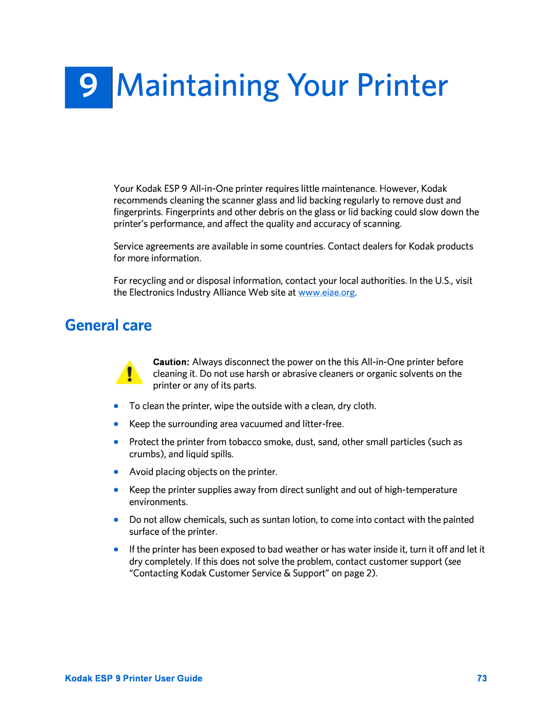 Kodak ESP 9 manual Maintaining Your Printer, General care 