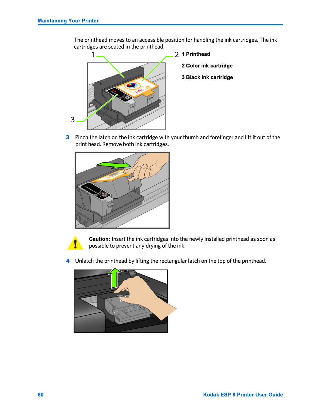 Kodak ESP 9 manual Maintaining Your Printer, Printhead 2 Color ink cartridge 3 Black ink cartridge 