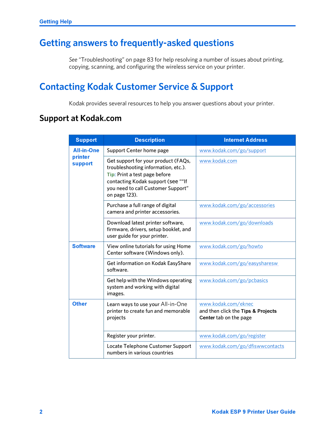 Kodak ESP 9 manual Getting answers to frequently-asked questions, Contacting Kodak Customer Service & Support 